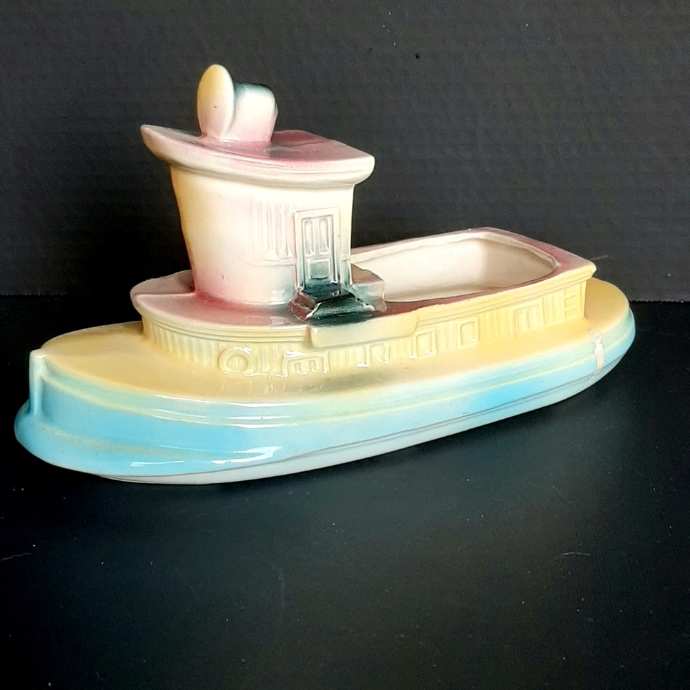 Vintage Tugboat Ceramic Planter Figurine Circa 1960